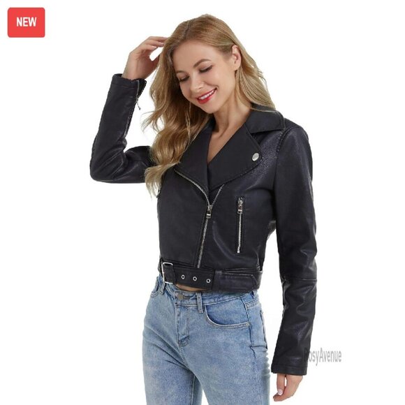 Crop Faux Leather Moto Jacket Women's Slim Fit Zip Up Biker Coat